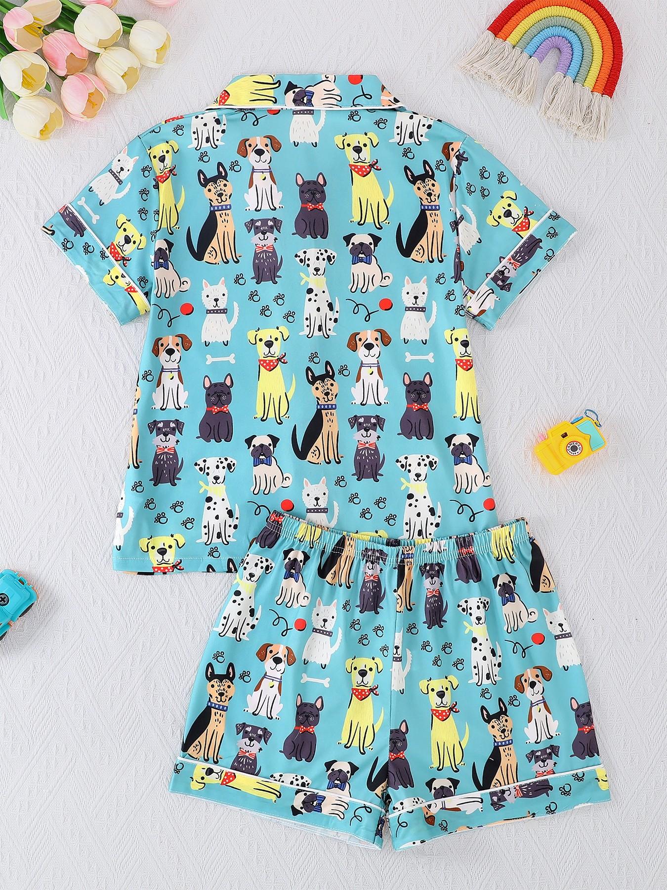 2-Piece Kids Pajama Set, Cartoon Puppy Footprint Design, Casual Short Sleeve, Loose-Fit, All-Season Wear, Party Gift Set