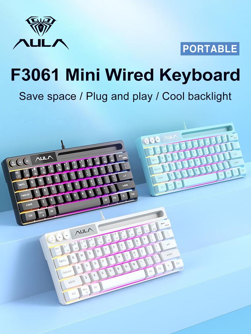 AULA F3061 mini wired keyboard, 61-key layout, plug and play, cool lighting, 22-key no impact, ergonomic design, simple and portable, compatible with Windows/Mac system equipment connection, RGB Backlit Keyboard