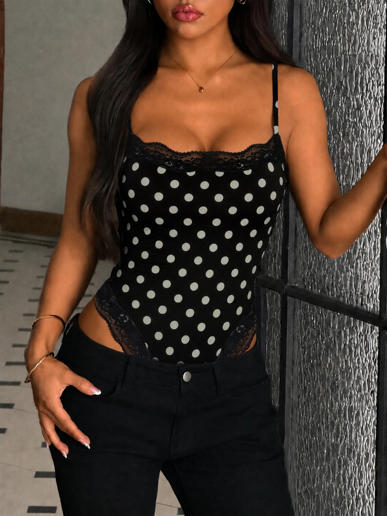 Black White Polka Dot Deep Plunge Bodysuit Women Lace Trim Spaghetti Strap Slim Fit One Piece Teddy Deep V Neck Stretch Bodycon Y2K Sexy Going Out Clubwear Lingerie Inspired Sleeveless Fashion Top Casual Streetwear Bodysuit