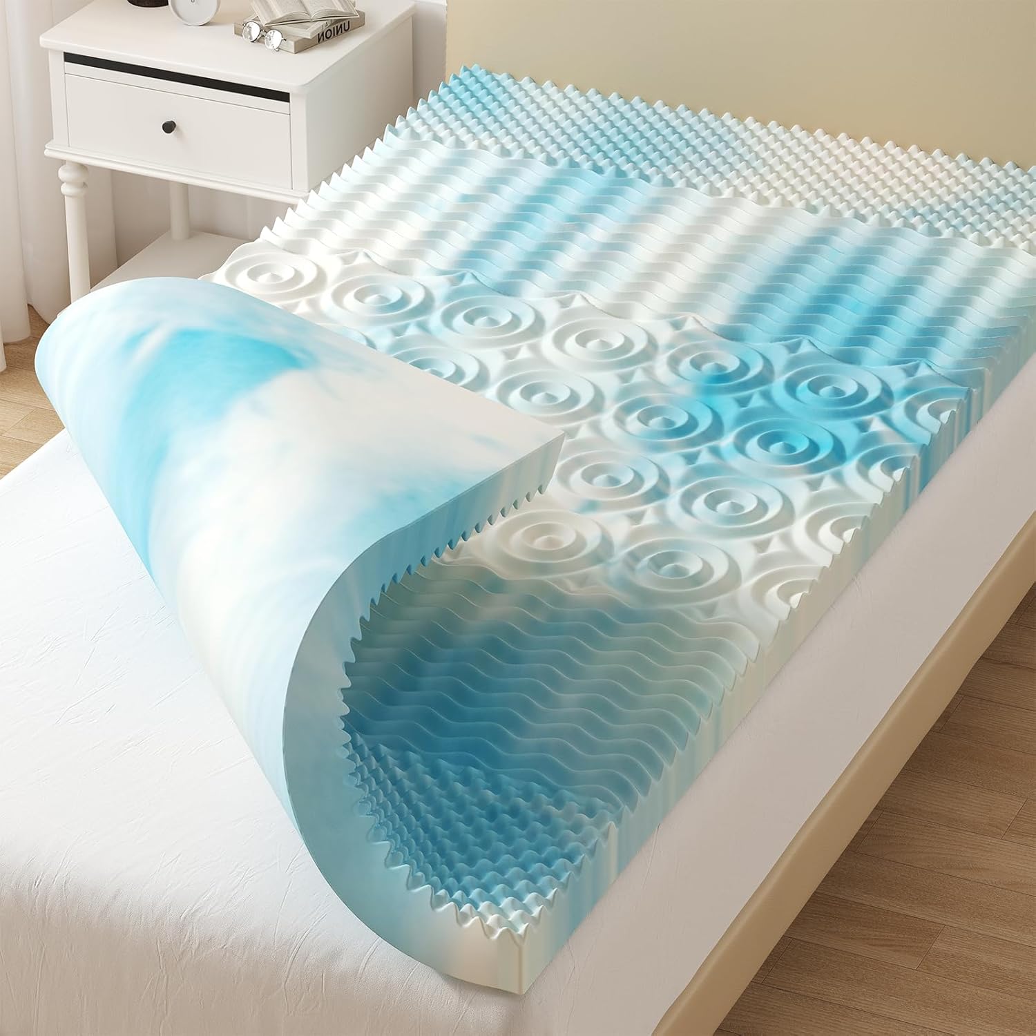Cooling Gel Memory Foam Mattress Topper, Pressure Relieving 7-Zone Convoluted Design for Back Pain Relief, Breathable Ventilated Foam with Gradient Blue Color, Soft Supportive Mattress Pad for Better Sleep