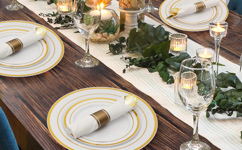 GOODLUCK 350PCS Gold Disposable Dinnerware Set for 50 Guests Includes 50 Plates Napkins Silverware & Cups Perfect for Weddings Parties Christmas & Baby Showers