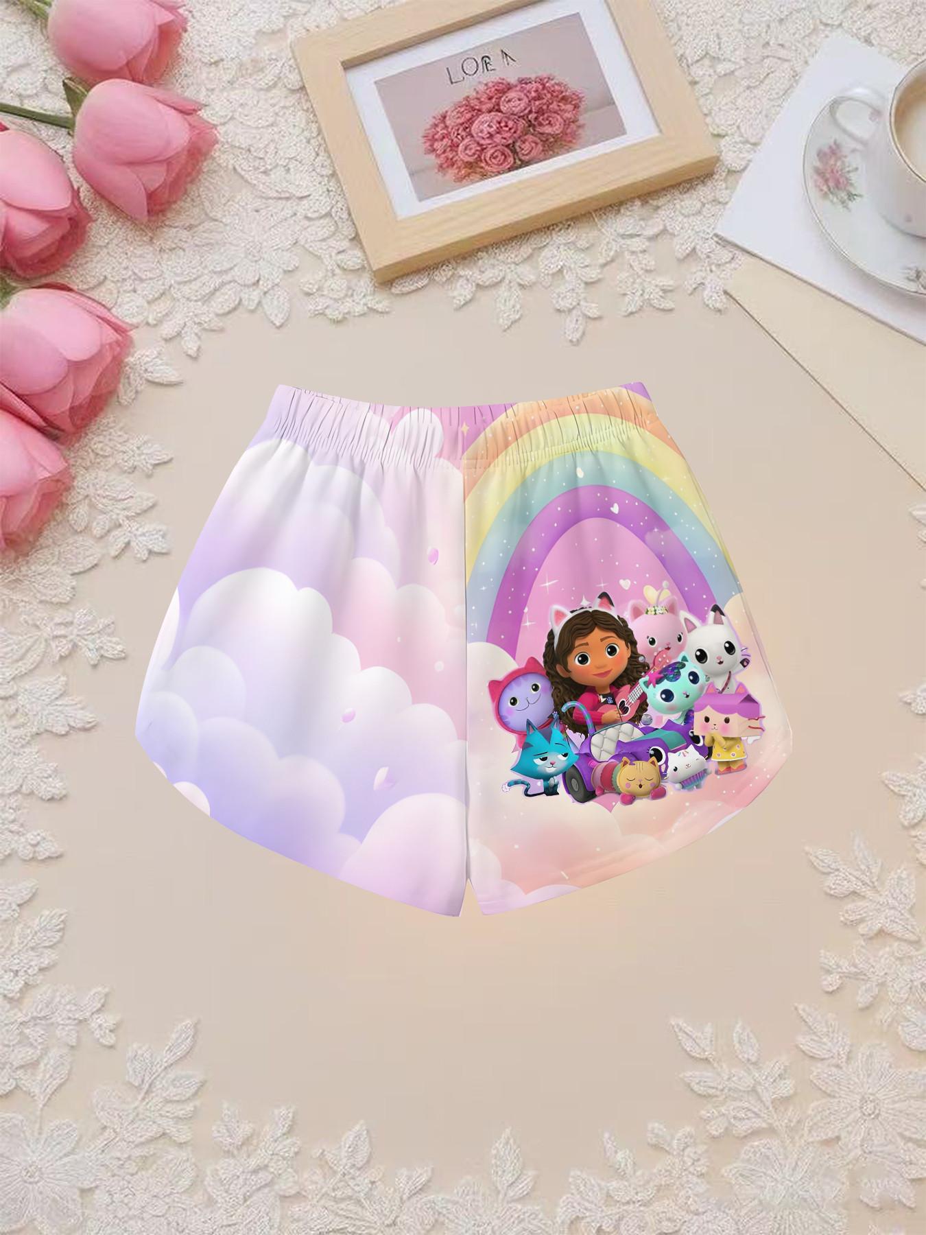 Girls' 3D Short Sleeve Set, Gabi Dollhouse Rainbow Cloud Print, Outdoor Wear, Perfect for Holidays, Birthday Gifts, Casual Style