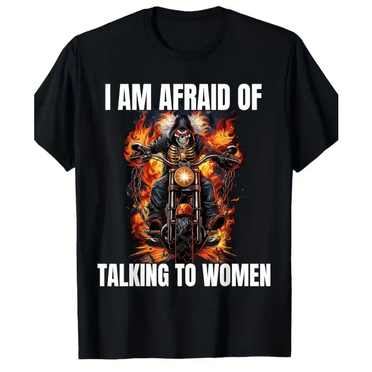 Skeleton Biker Fire Graphic Oversized Cotton T‑Shirt, Fashion Comfort Biker Street Outfit, Novelty Holiday Birthday Gift for Motorcycle Fans Him Her Friends