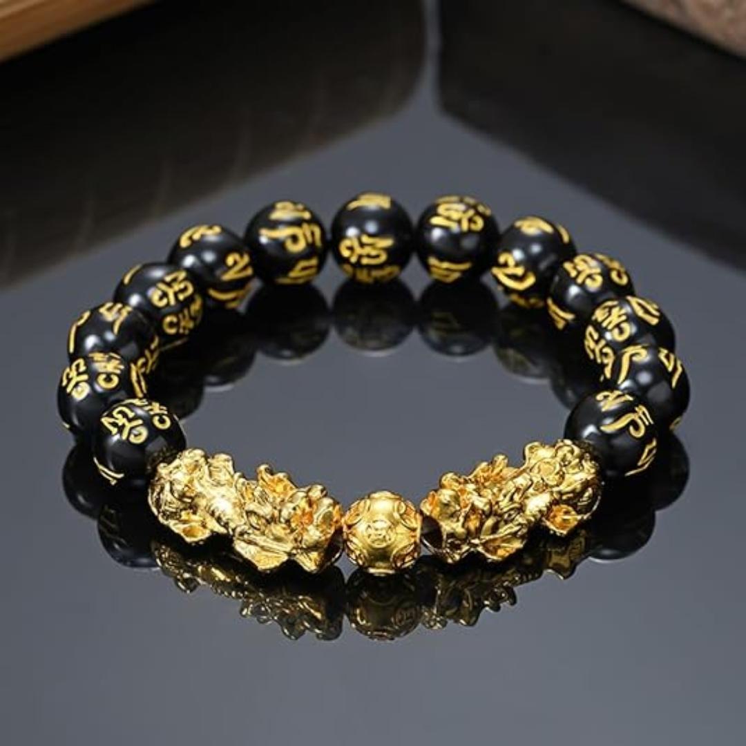 12Mm Obsidian Golden Pixiu Chinese Style Six-Character Mantra Round Bead Stretch Good Luck Large String Round Bead Stretch Wealth Bracelet Jewelry, Ethnic Style Toy Men'S Wealth Stone Bracelet, Spring Festival Gift, New Year Gift