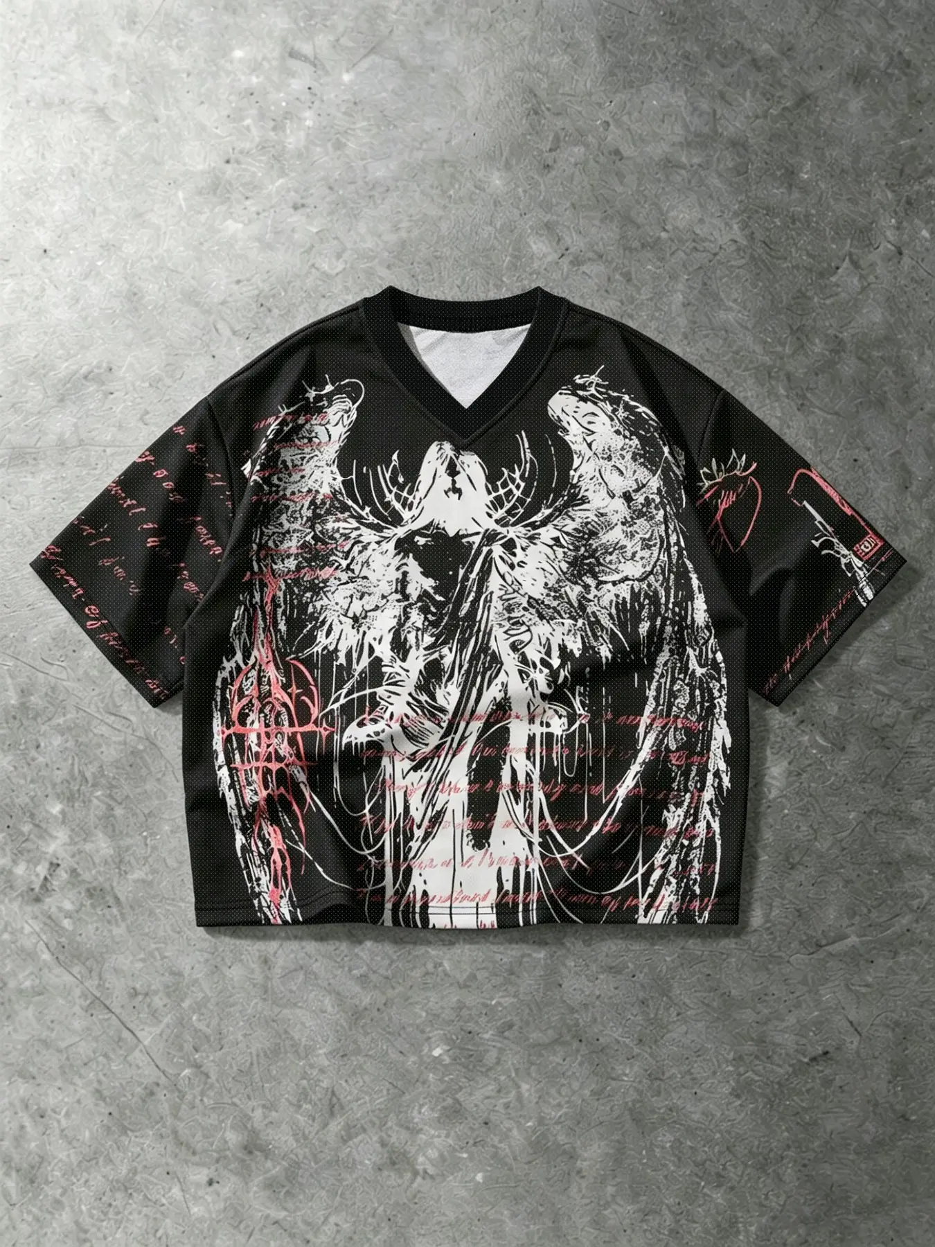 Dark Gothic Fallen Angel All Over Print Cropped V Neck T-Shirt, Y2K Subculture Punk Crop Top, Cross Script Print Oversized Drop Shoulder Tee, Unisex Streetwear T Shirt, Music Festival Outfit, Couple Outfit, Party Travel Wear, Holiday Gift