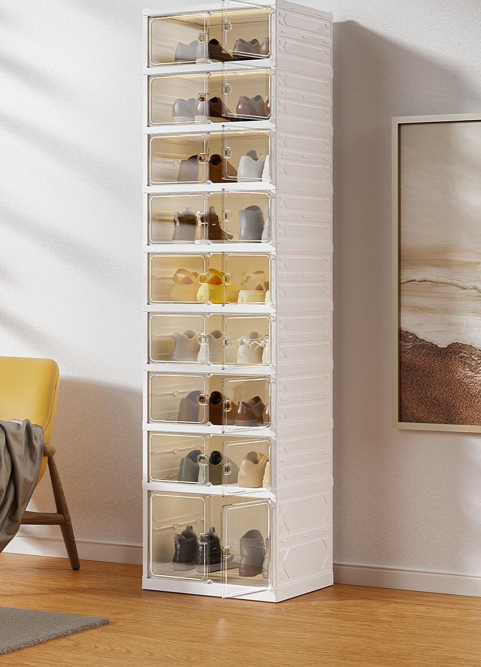 UFORU Foldable Shoe Rack with Wheels,Shoe Organizer with Magnetic Clear Doors,9 Tier Holds 18 Pairs,Minimal Boxes,Large Sturdy Stackable Plastic Shoe Storage Cabinet,Space Saving,Non-Installation Assembly, Convenient