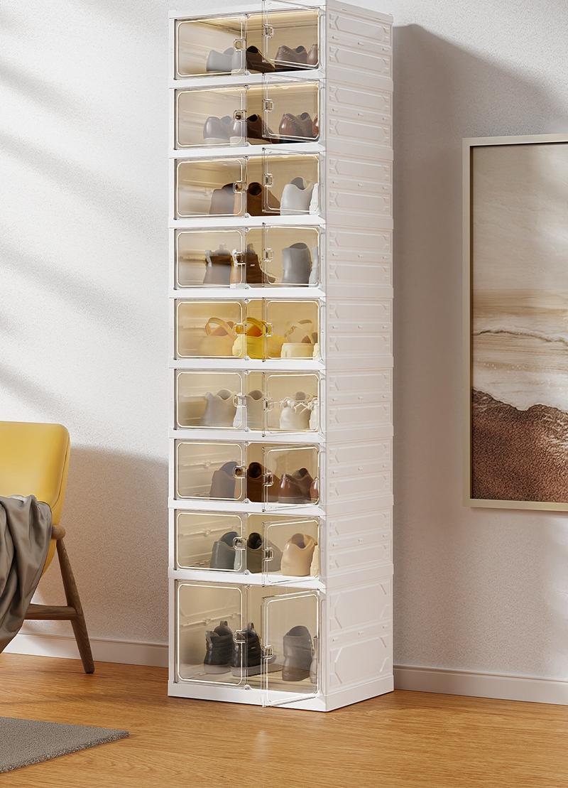 UFORU Foldable Shoe Rack with Wheels,Shoe Organizer with Magnetic Clear Doors,9 Tier Holds 18 Pairs,Minimal Boxes,Large Sturdy Stackable Plastic Shoe Storage Cabinet,Space Saving,Non-Installation Assembly, Convenient