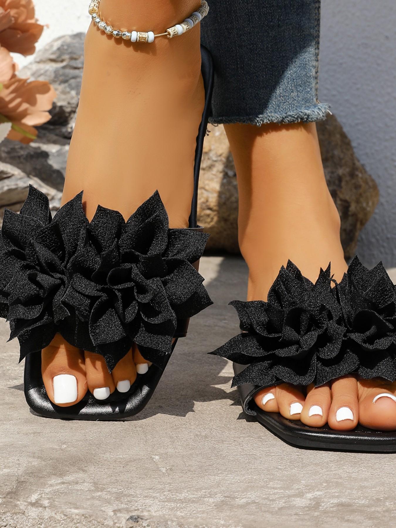 French Fairy Style 3D Flower Sandals, Square Toe Soft Sole, Comfortable for Daily Commute, Dating, Wedding, Perfect for All Occasions
