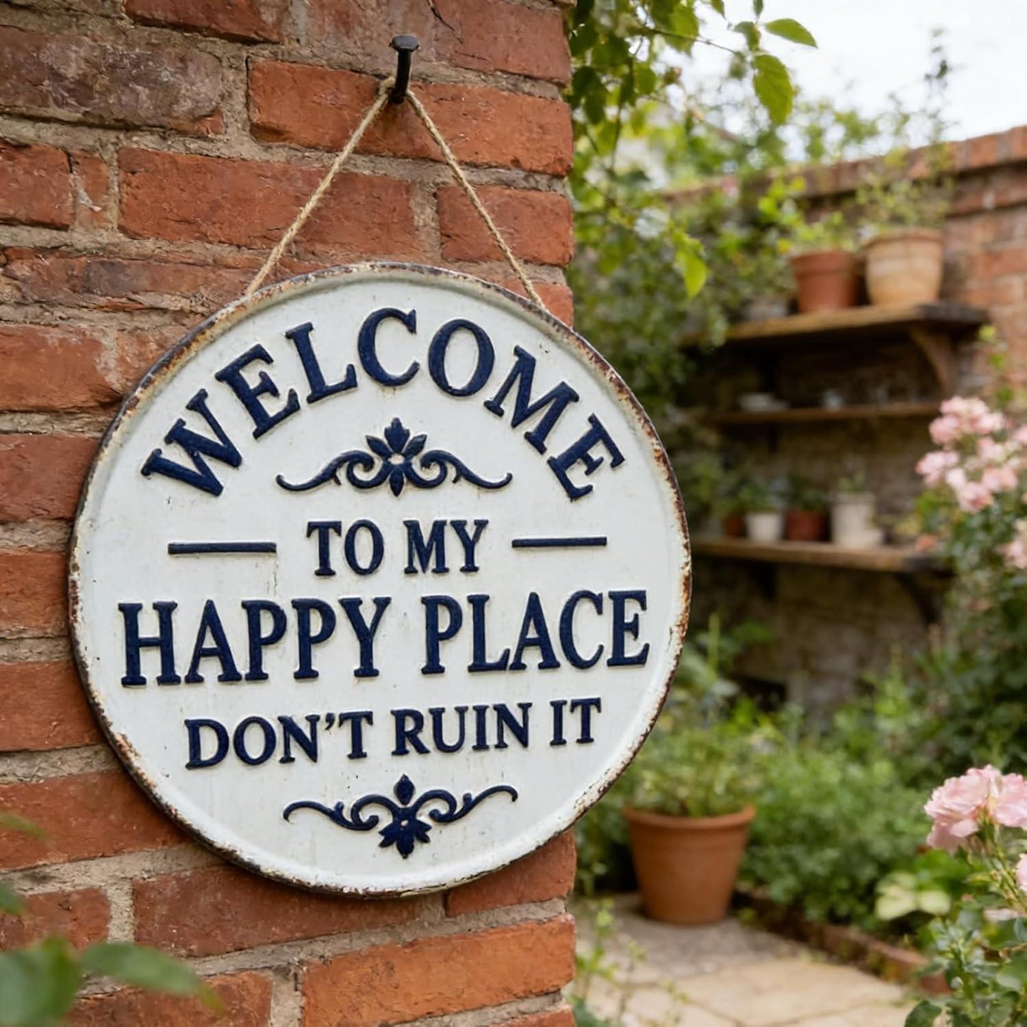 Happy Place – Vintage Statement Metal Sign,"This Is My Happy Place Don't Fuck It Up" Round Garden Wall Decor, Hanging Decorative Signs & Plaques, For Front Door Home Office Kitchen Bedroom, Yard Sign, Signage
