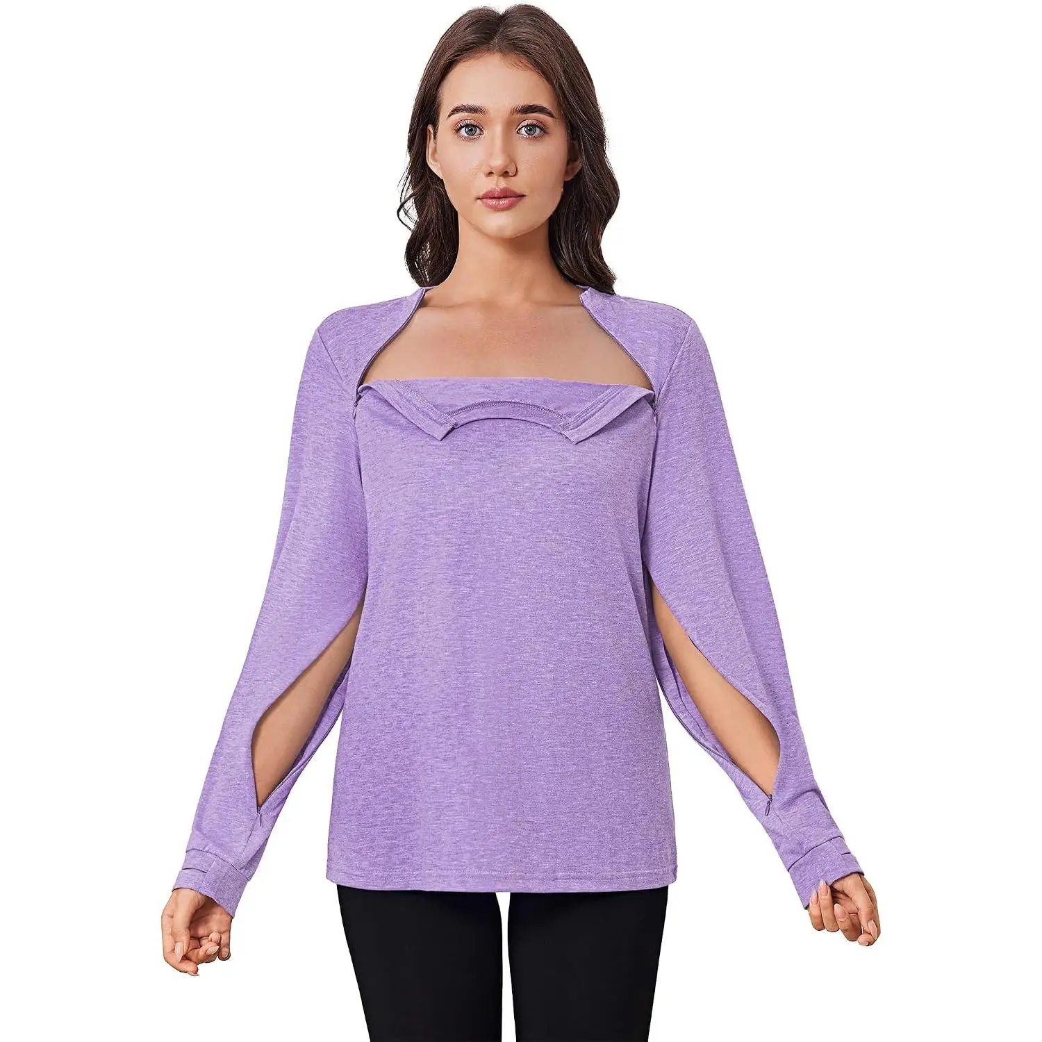 Women's Long Sleeve Post Surgery Shirt with Arm Zipper for Chemo Port Access and Dialysis SweatshirtGift