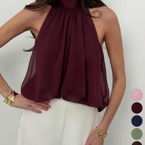Women's Pleated Back Tie Front Sleeveless Shirt, Casual Office Wear, Slim Fit, Plain Surface, Unlined, Weighted at 88.2g/m²