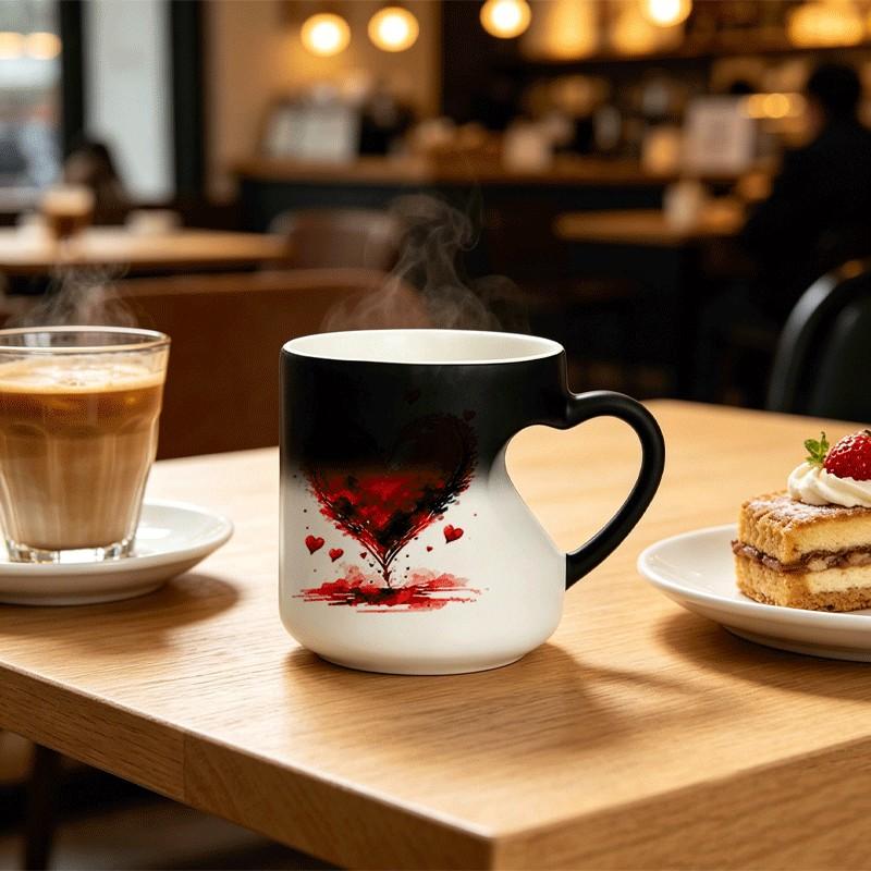Heart-Shaped Color-Changing Mug - Thermosensitive Ceramic Mug, Changes color when hot drinks are poured in, White body decorated with red heart patterns, Fun gift mug, decorative mug, Novelty coffee mugs, Suitable for tea, cocoa