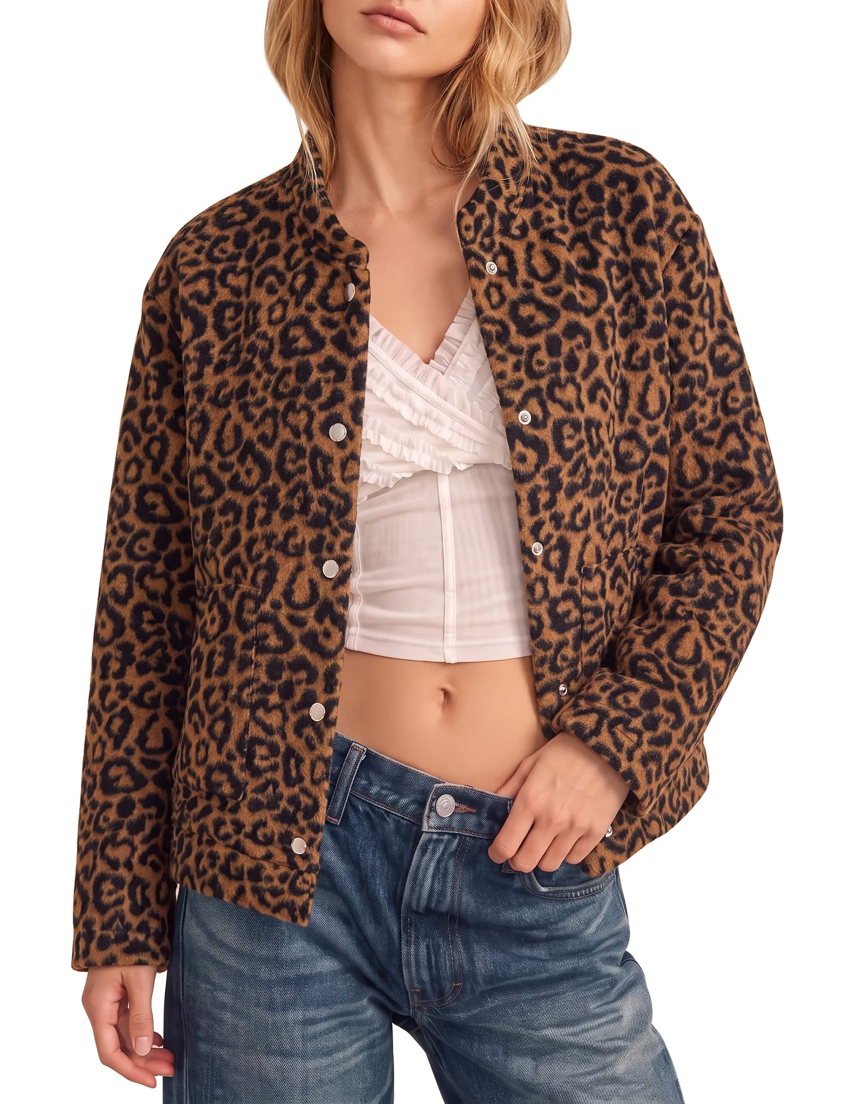 luvamia Women Leopard Print Bomber Jacket Oversized Wool Blend Fall Outfits Brushed, Cheetah, Animal Print Jackets, Stand Collar, Snap Button, Elastic Hem, Winter Coats with Pockets, Western Outfits Fabric Womenswear