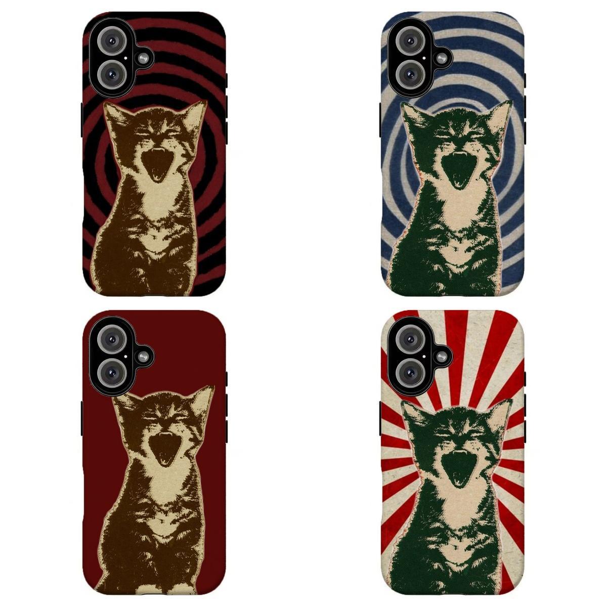 FL-Retro Screaming Cat Phone Case,Vintage Cat Phone Case,Retro Red Black Swirl Print Shockproof Cover For iPhone 11 12 13 14 15 16 17 Air Pro Max for Samsung S26 S25 S24 S23 S22 S21 Case,Gift for her/him
