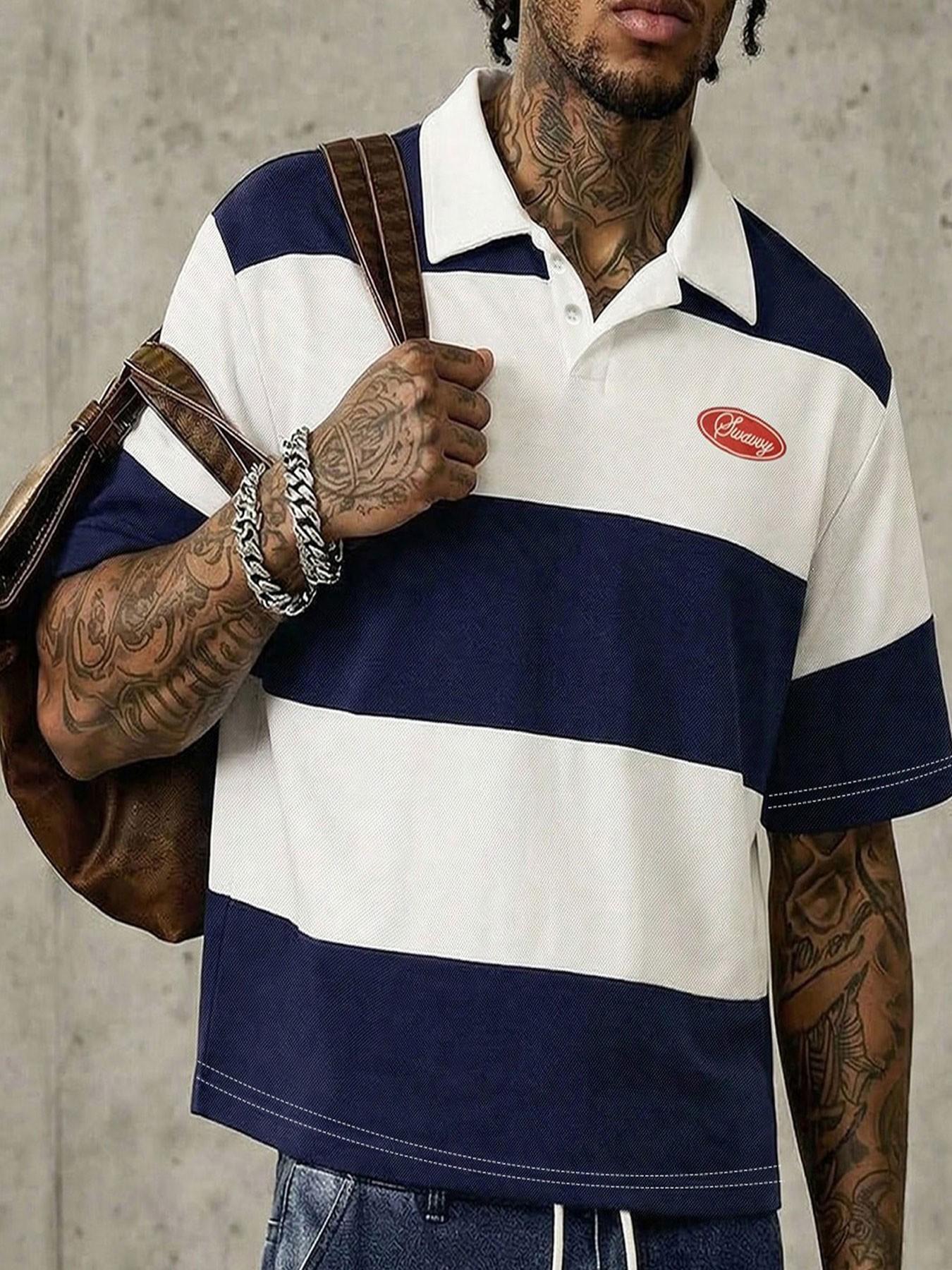 Men's American-Style Wide-Striped Collared Polo Shirts, Summer Short Loose-Fit Top, Casual Collar Streetwear