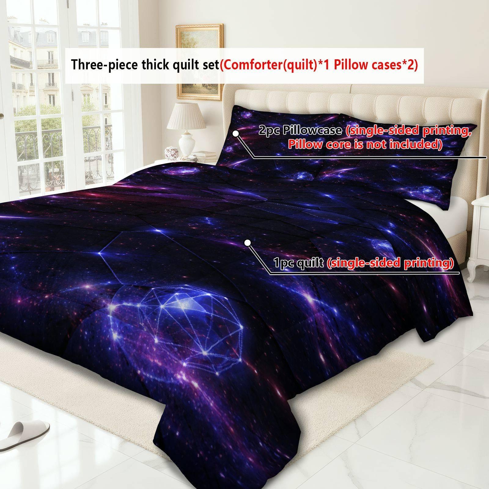 Galaxy Starry Sky Bedding Set, Soft Breathable Polyester, Includes 1 Quilt and 2 Pillowcases, Universe Theme