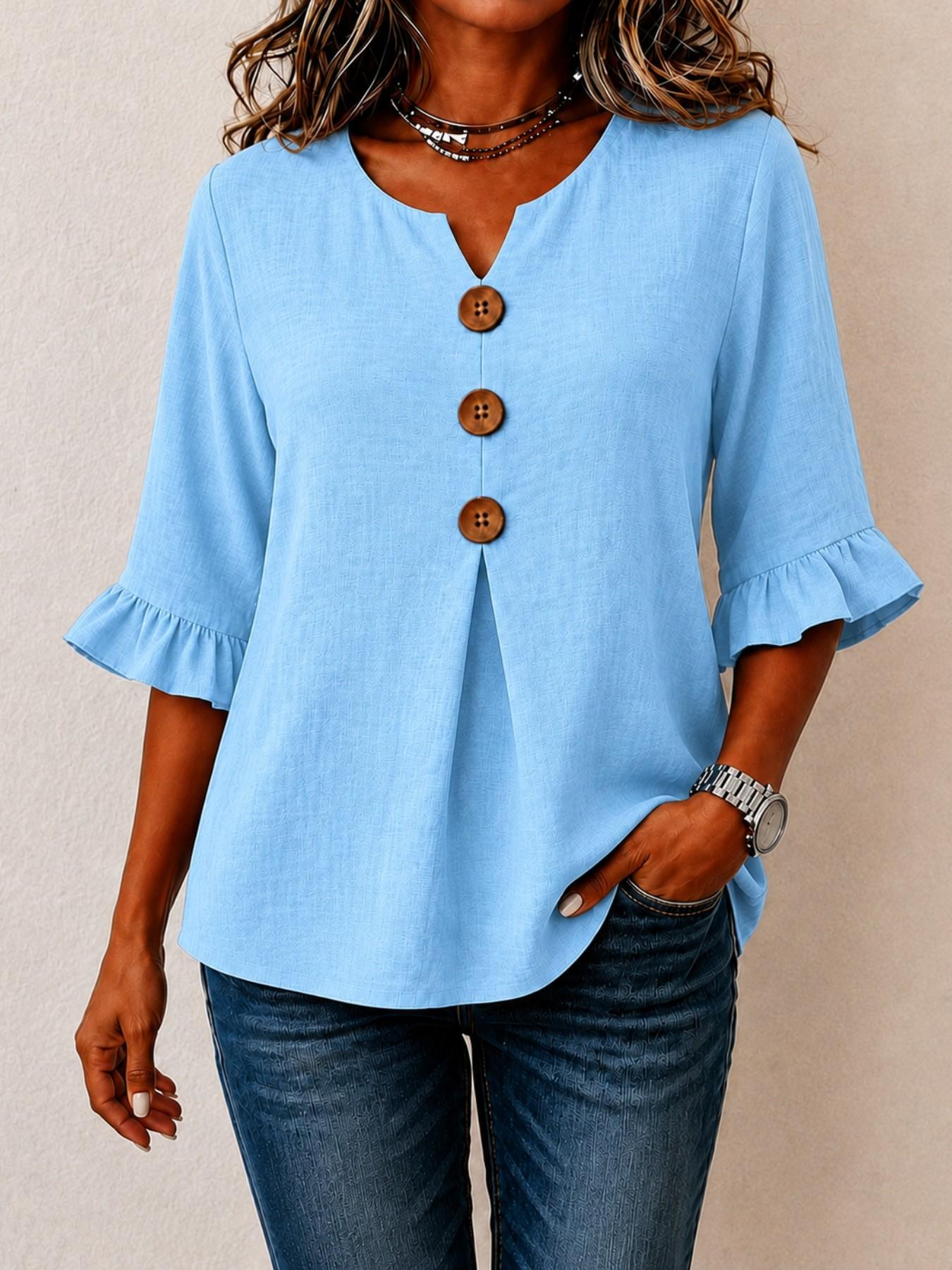 Women's Plus Size Solid V-Neck Shirt, Loose-Fitting Ruffle Sleeve Button-Up Top, Casual Vacation Wear, European and American Style