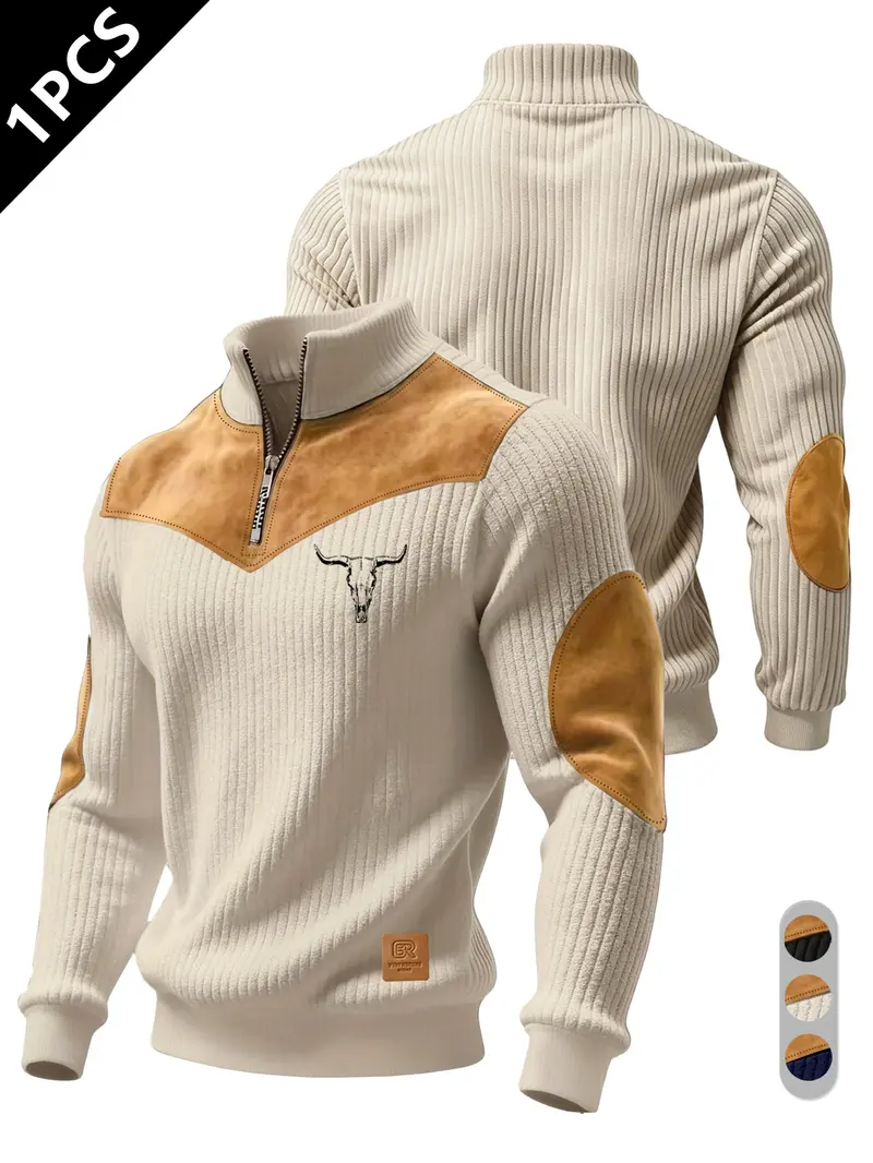 Men's Half-Zip Stand Collar Knit Top, Suede Texture Shoulder Patches, Bull Head Print, Slim Fit, Retro American Style, Casual Wear, Knitwear Men's Half-Zip Stand Collar Knit Top, Suede Texture Shoulder Patches, Bull Head Print, Slim Fit, Retro American Style, Casual Wear, Knitwear
