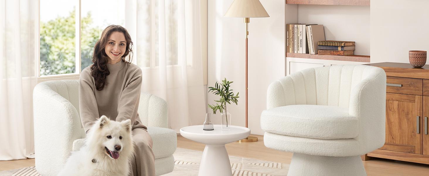 [SpringStatements] Ebello Beige Swivel Chair, Modern and Comfortable Versatile Wool Chair, Comfortable Round Armchair, 360 Degree Rotating Bucket Chair, Suitable for Living Room, Bedroom, Office