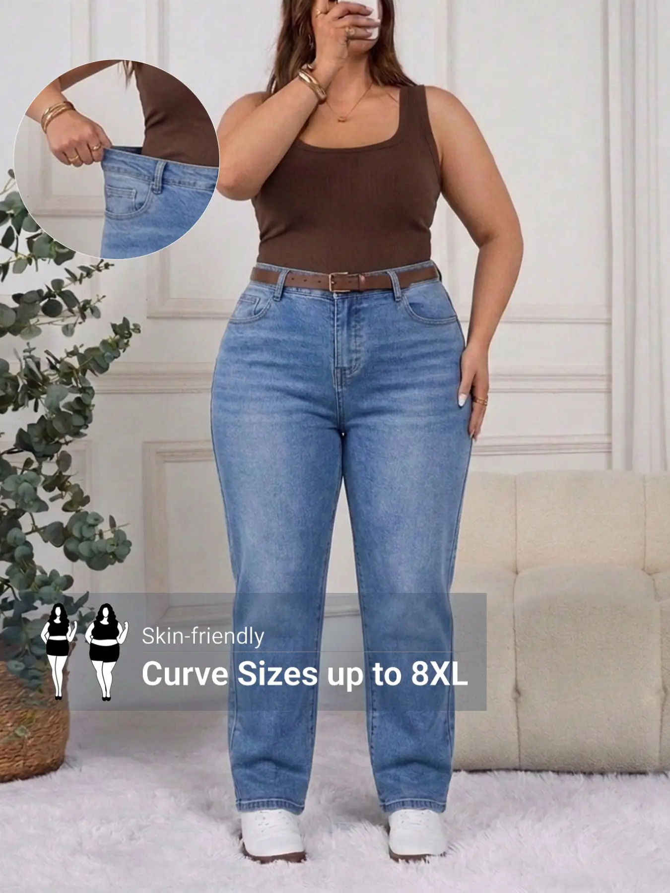 Plus Size Women's Jeans, High Elasticity Denim, Slim-Fitting Mid Waist, Button Fly, Solid Pattern, All Seasons, Ideal for Plus Size Ladies