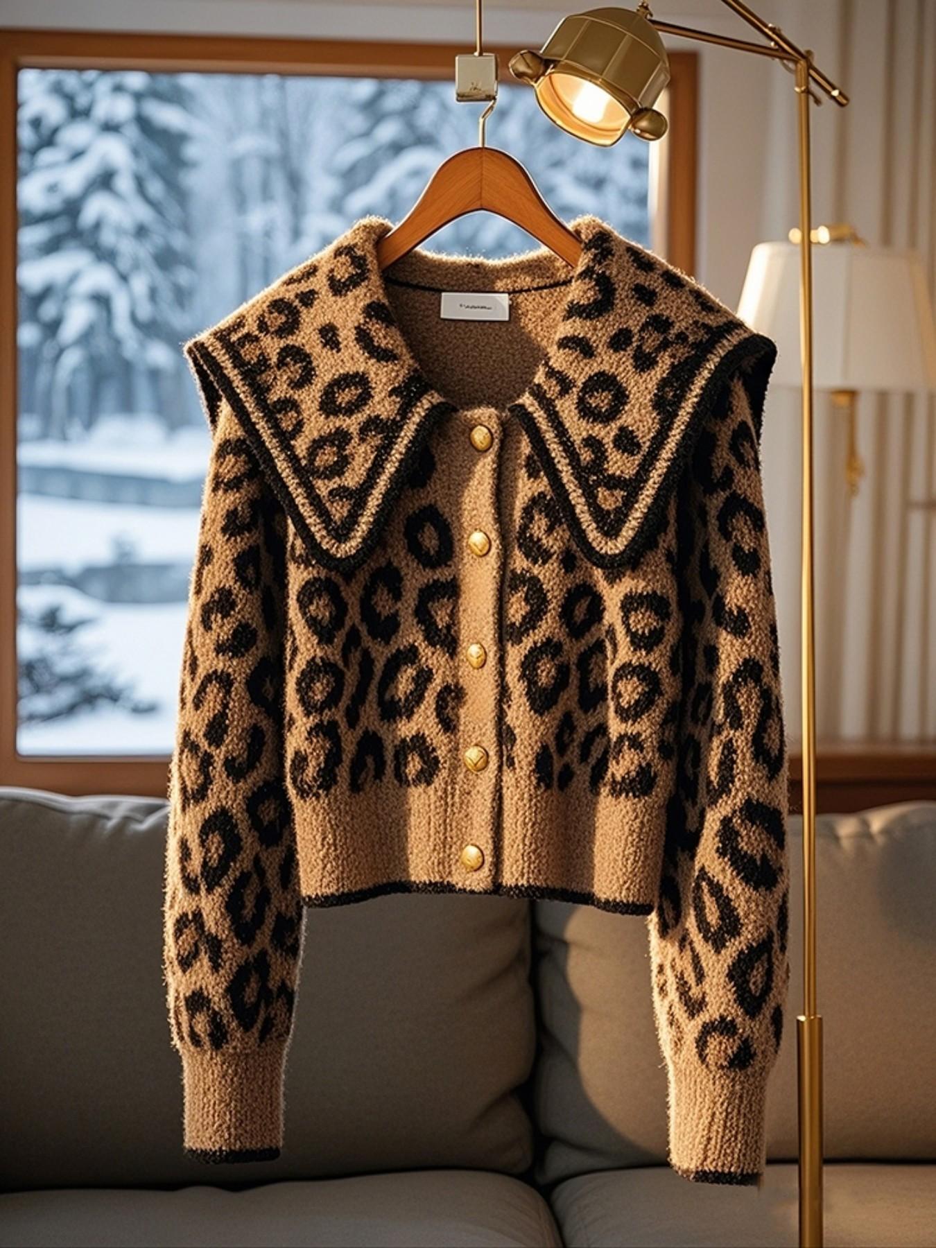 Women's Casual Lapel Cardigan Knitwear, Leopard Print, Slim-Fitting, Fall & Winter, Perfect for Dates, Parties, School Returns