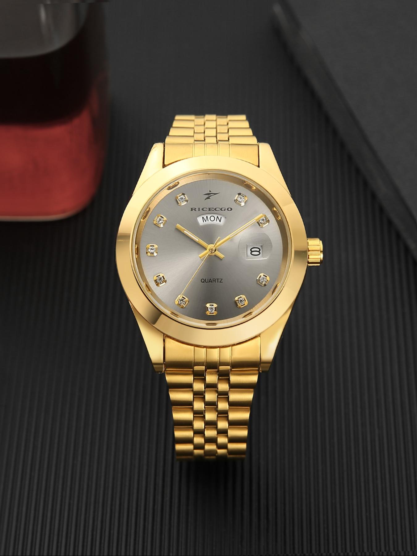 RICECGO Men's Quartz Watch Luxurious solid gold finish Elegant Round Dial Diamond-set hour markers sparkle with eye-catching brilliance Features day and date display Exudes prestige for business gifts Limited-time offer—act fast before it's gone