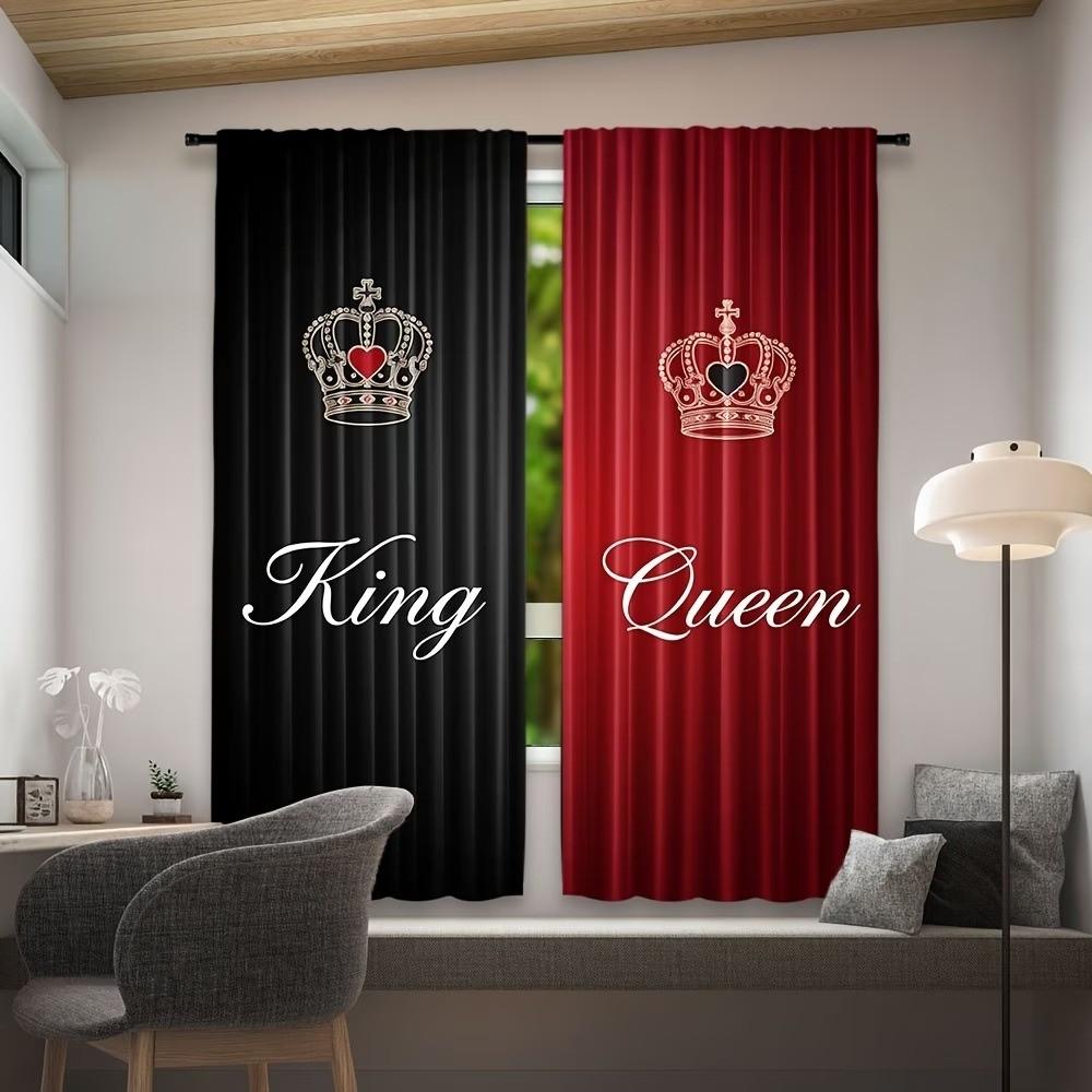 2 pieces of black text and golden crown artistic design printed curtains for king and queen. Made of polyester, semi-transparent material, machine washable. Suitable for bedrooms, living rooms and home decoration.