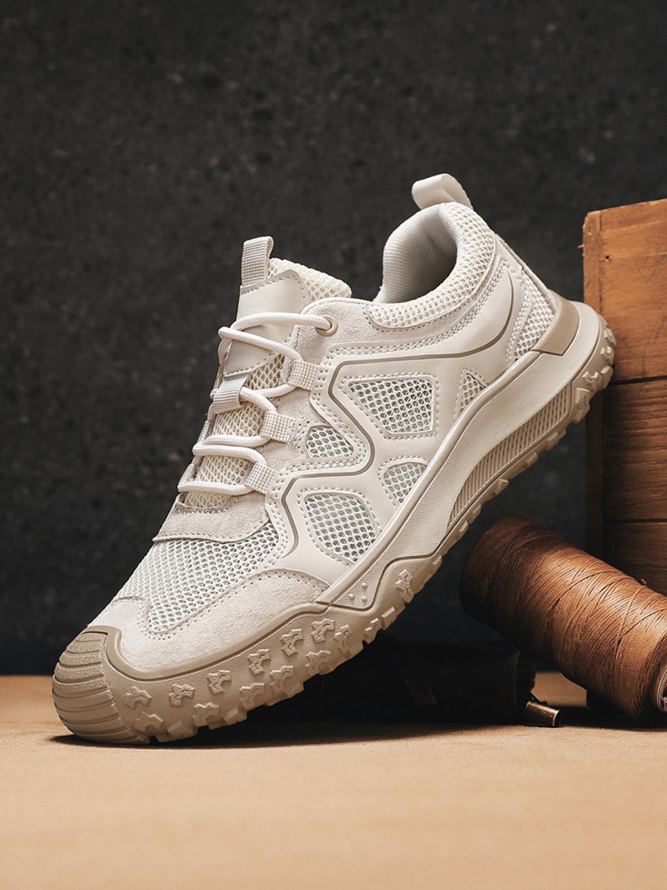 Men's Solid Color Mesh Breathable Outdoor Hiking Shoes Drawstring Toe Cap Trekking Shoes Non-Slip Wear-Resistant Casual Sneakers