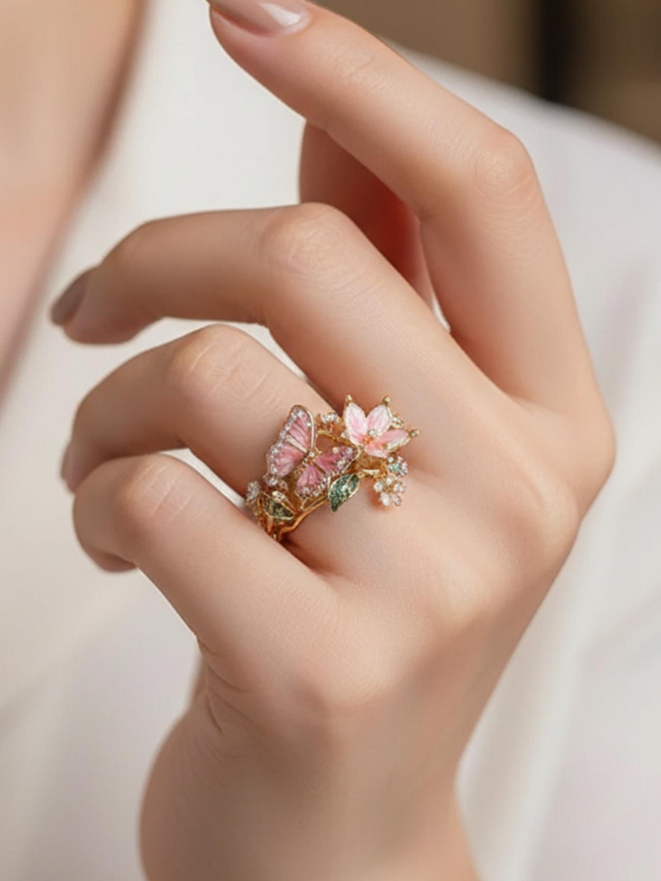 Mother's Day Gift Butterfly Flower Oil Drop Ring for Women, Statement Ring, Elegant Casual Ring, Leaf Accents, Floral Design, Daily Fashion Accessory, Perfect Holiday Gift