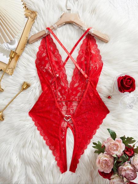 Women's Sexy Lace Backless Bodysuit, Adjustable Straps, Crisscross Design, Rhinestones Detailing, Fitted & Thin Fabric, All Season Wear