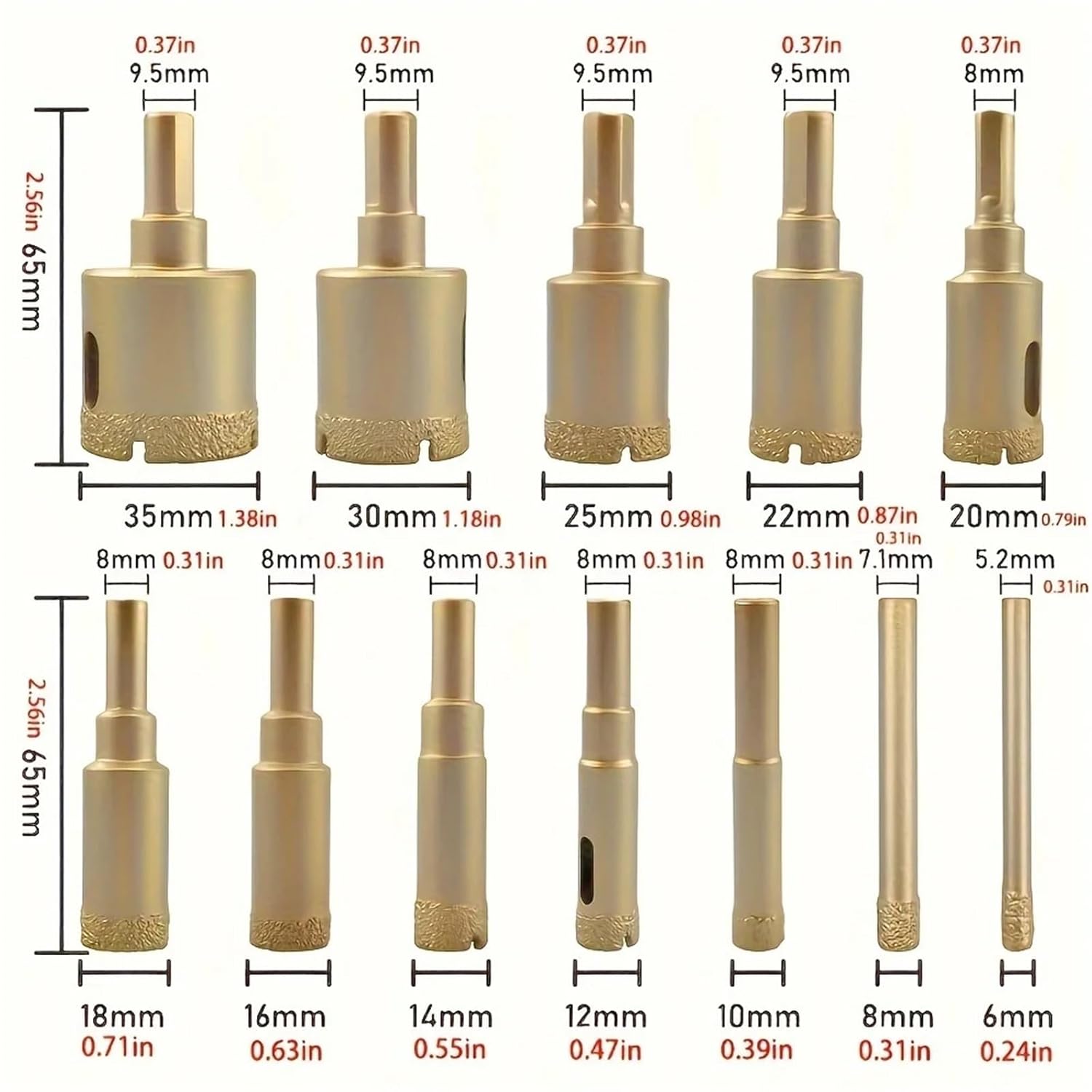12Pcs Diamond Drill Bit Set, High Strength Brazing Drill Bit Set for Porcelain Tile Ceramic Stone Granite Marble Glass