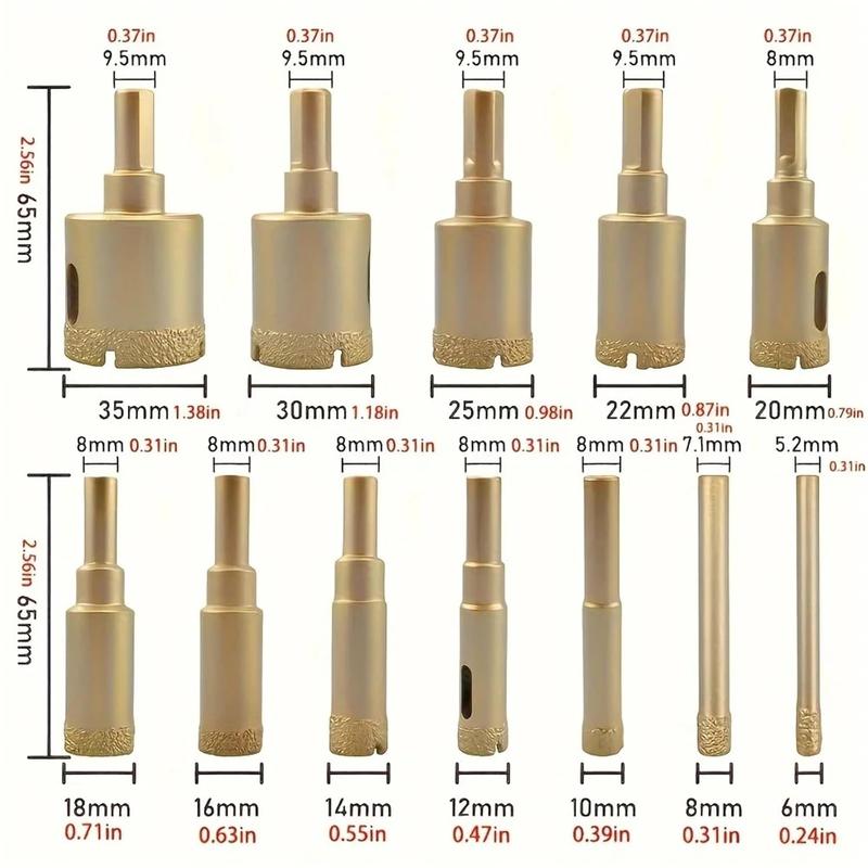 12Pcs Diamond Drill Bit Set, High Strength Brazing Drill Bit Set for Porcelain Tile Ceramic Stone Granite Marble Glass