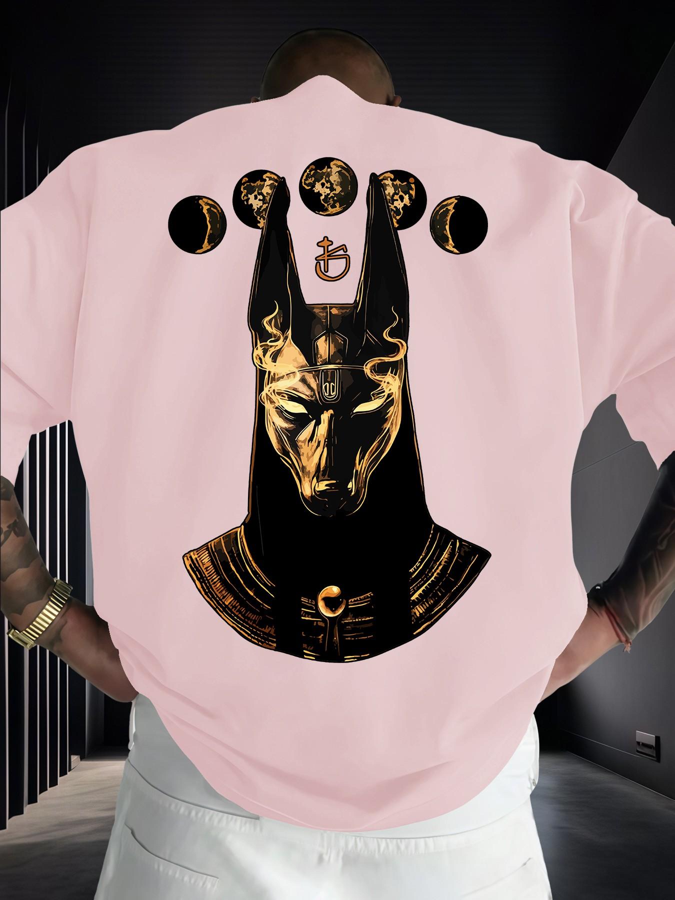Anubis Moon Phase Egyptian Mythology Print Men's Fashion Short Sleeve Round Neck Casual Summer T-Shirt, Daily Wear