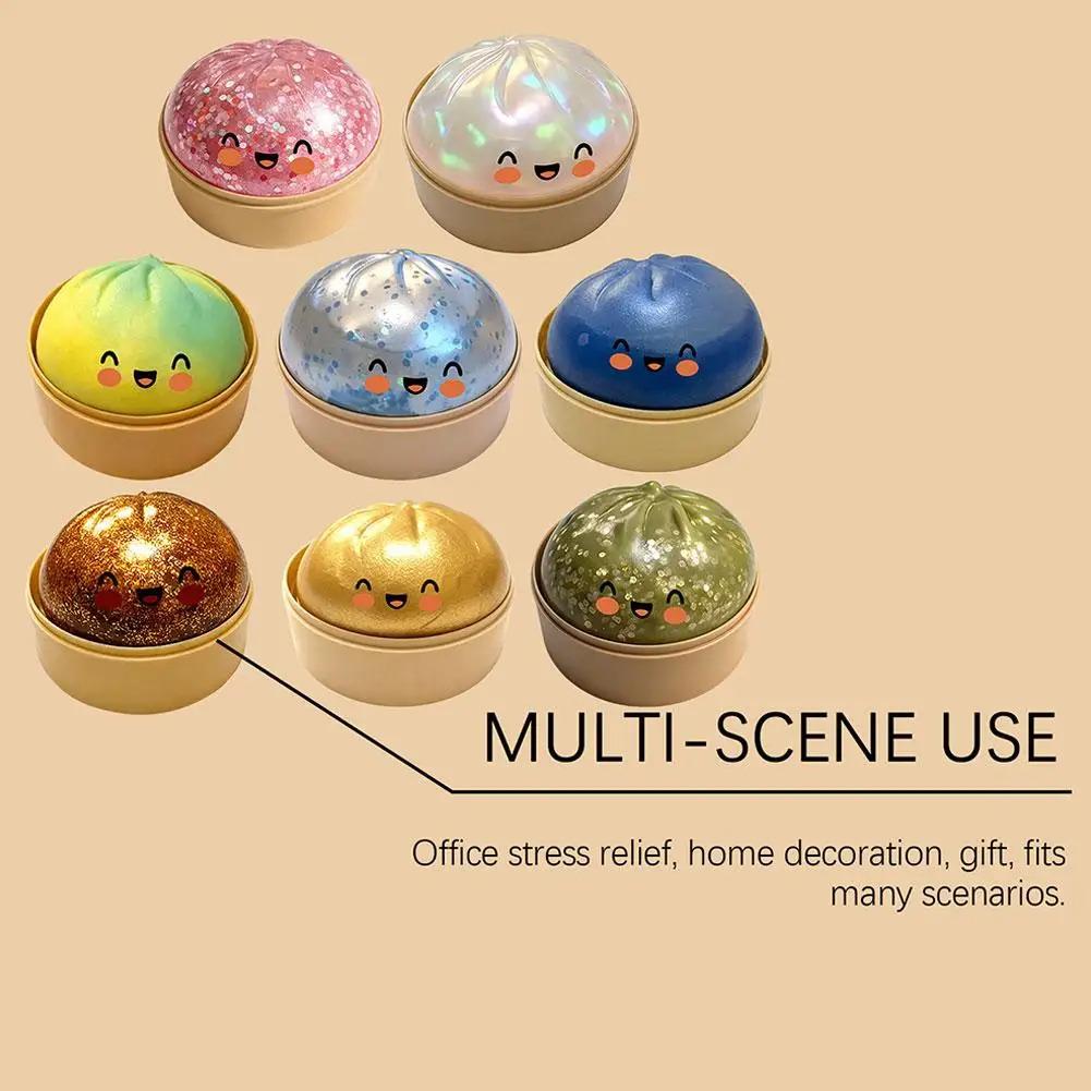 Colorful Dumpling Squishes Stress Balls Fidget Sensory Toys Simulation Food Squishies Bun with Steamer Squeeze Dough Ball Gifts