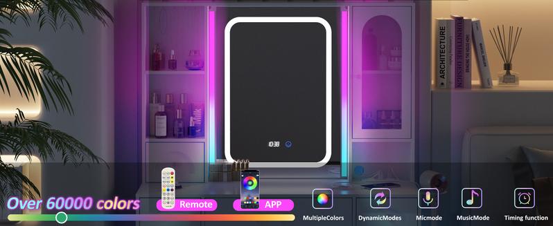 Vabches 41.3in(L) Makeup Vanity Desk with Lights,Makeup Vanity with RGB Lights and Power Strip,Vanity Table with 5 Drawers Lots Storage & Time Display,3 Lighting Modes Vanity Mirror with Lights