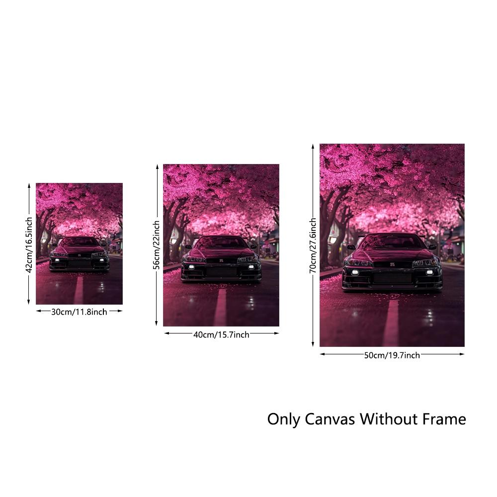 frameless canvas art print posters, Art Work For Wall Decor, realistic vehicle art, classic Japanese sports car R34 Under Cherry Blossoms, perfect gift for JDM vintage car enthusiasts, ideal gift for bedroom, living room,dormitory hallway, wall decoration