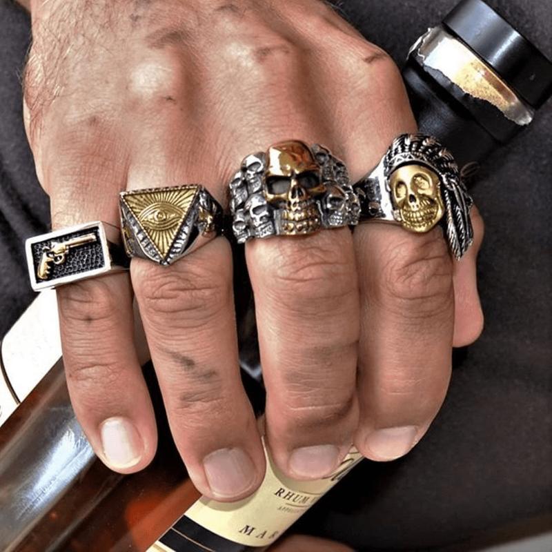 GTHIC Punk Multi Skull Heads Stainless Steel Ring Statement Jewelry For Men Daily Wear