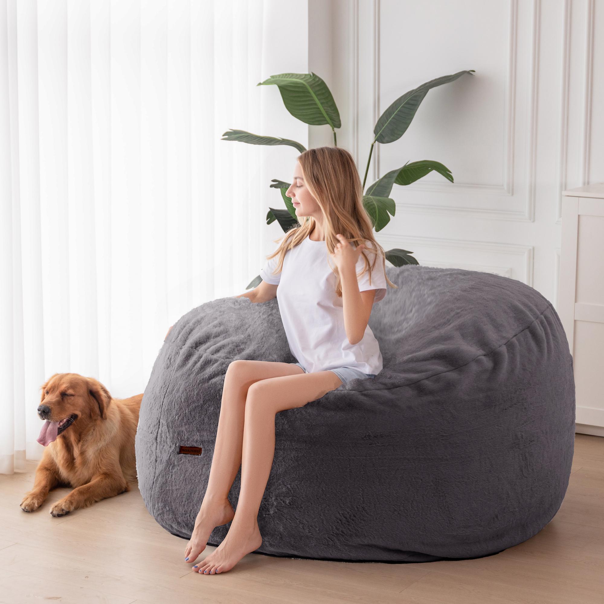 Maxyoyo Giant Faux Fur Bean Bag Chair - 2-in-1 Convertible Lounger & Floor Mattress Bed | Super Soft Foldable Lazy Chair for Living Room, Dorm & Apartment