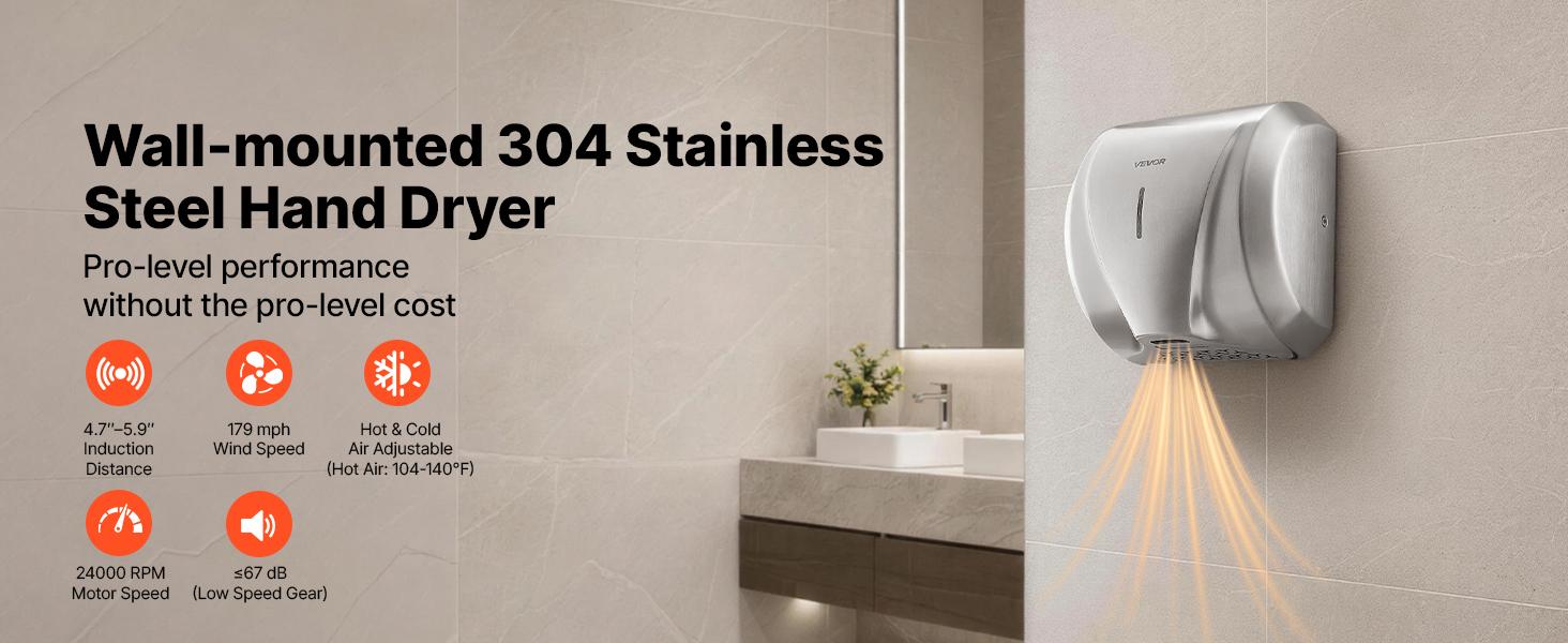 VEVOR 1800W Power Stainless Steel Hand Dryer, Automatic High-Speed Commercial Wall-Mounted Unit with HEPA Filter, Fast Drying, Brushed Finish, Heavy-Duty, AC110-120V for Restroom, Hotel
