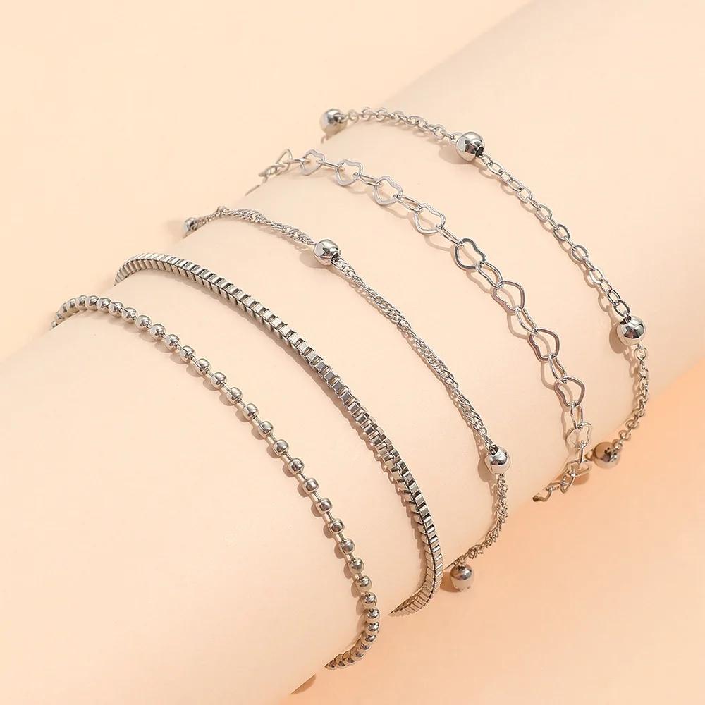 5 Piece Stainless Steel Heart Bead Multi-Layer Bracelet Set, Stackable Bracelets, Unisex Accessory, Perfect for Daily Wear, Work, and Parties