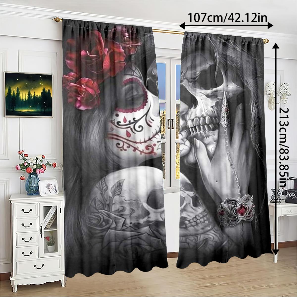 2pcs Gothic Skeleton Skull Curtains, High-Definition Digital Print, Polyester Material, Semi-Transparent, Privacy Protection, Washable, Home Decoration Curtain