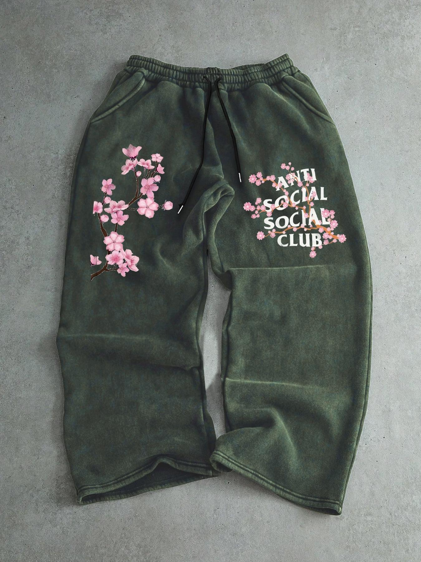 Men's Cherry Blossom Embroidery Sweatpants, Floral Print Sweatpants, Regular Fit Casual Comfy Jogger Pants for Spring & Fall, Men's Trousers for Daily Wear