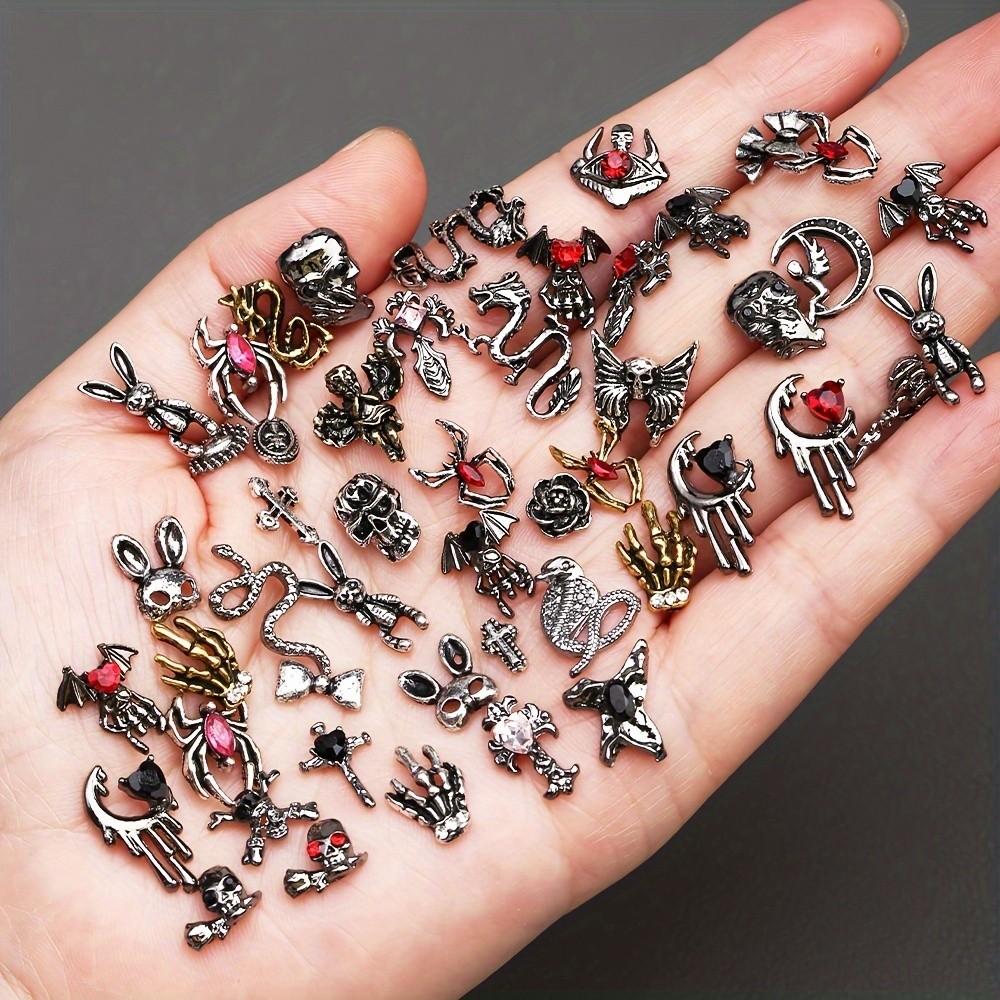 50pcs 3D Alloy Luxury Nail Art Decorations, DIY Manicure Supplies, Skull Hand Spider Bone Rabbit Cross Water Drill Designs
