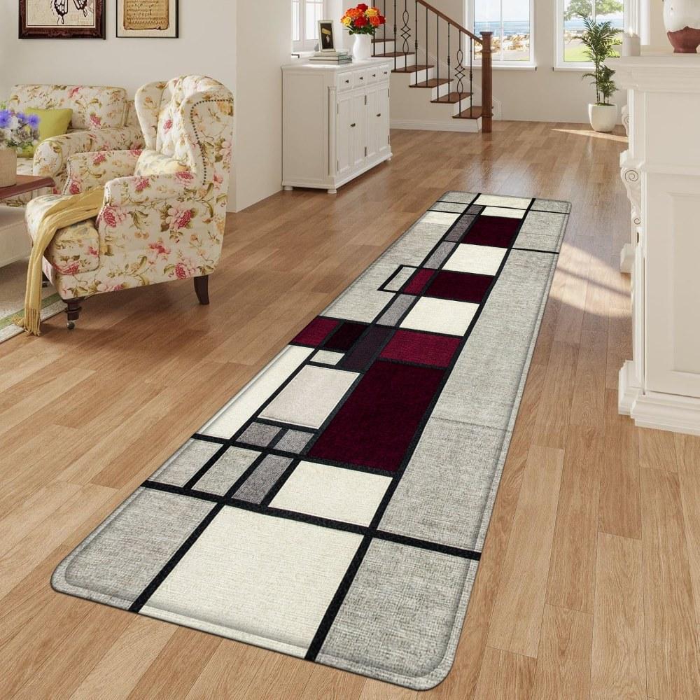 1PC， Black Red Gray Geometric Splicing Patterned strip rugs, home décor, bathroom mats, entryway mats, bathroom non-slip mats, indoor entrance rugs, bedroom bedside mats, kitchen mats, hallway rugs, flannel sponge rugs, hallway runner rugs