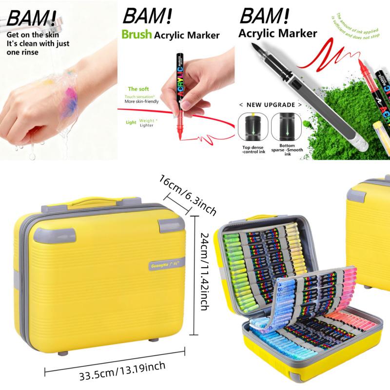 Acrylic Paint Markers,Detachable suitcase,Brush Tip, Art Marker Set, Acrylic Paint Pens with Direct-Liquid Ink System, Paint Markers for Rock Painting, Fabric, Wood, Canvas, Plastic, Permanent,Washable,Quick-Drying,Waterproof