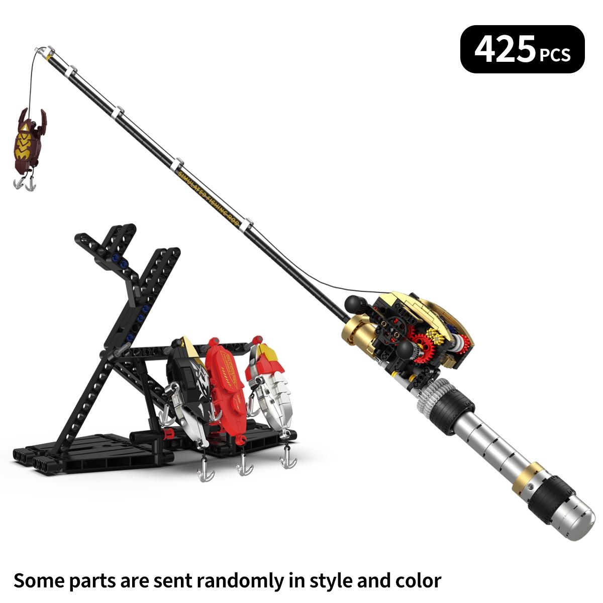 425pcs Realistic Fishing Rod Building Block Set with Gear Structure, Retractable Line, Metal Handle, Educational Assembly Toy, Building Block Model, Stem Building Blocks