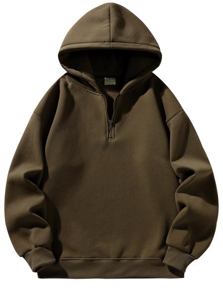 Men's Half-Zip Fleece Hoodie, Casual Long Sleeve Drop Shoulder Sweater, Thick Fabric for Fall & Winter, Sporty Fashion Pullover