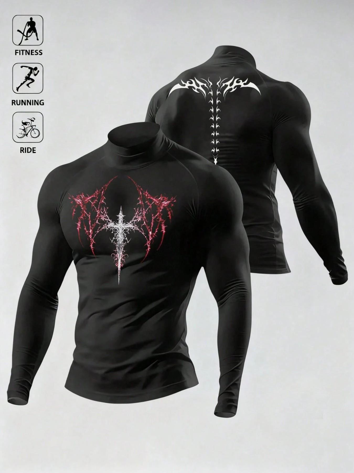 Men's Breathable Fitted Long Sleeve Compression Sports T-Shirt with High Neck Design, Fitness Long Sleeve T-Shirt