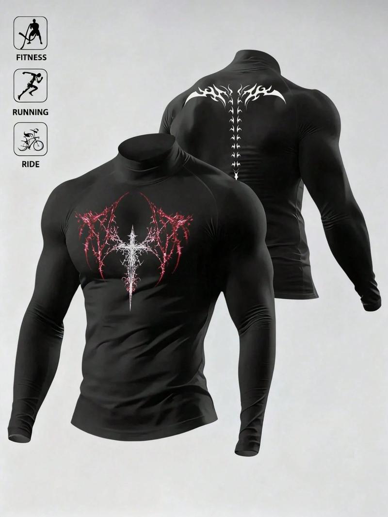 Men's Casual Breathable Fitted Long Sleeve Sports T-Shirt, Compression Top with Turtle Neck Design, Fitness Long Sleeve Shirt, Gym Athletic Clothes