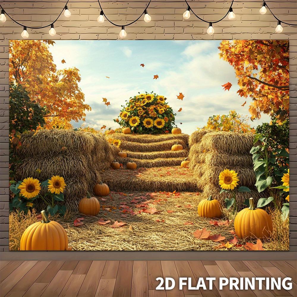 2D Flat, 1pc 2D Autumn Harvest Hay Bale Pumpkin Sunflower Rustic Fall Theme Background Cloth, Party Banner, Rustic Fall Harvest Thanksgiving Birthday Party Decor, Living Room, Wedding, Studio Phot